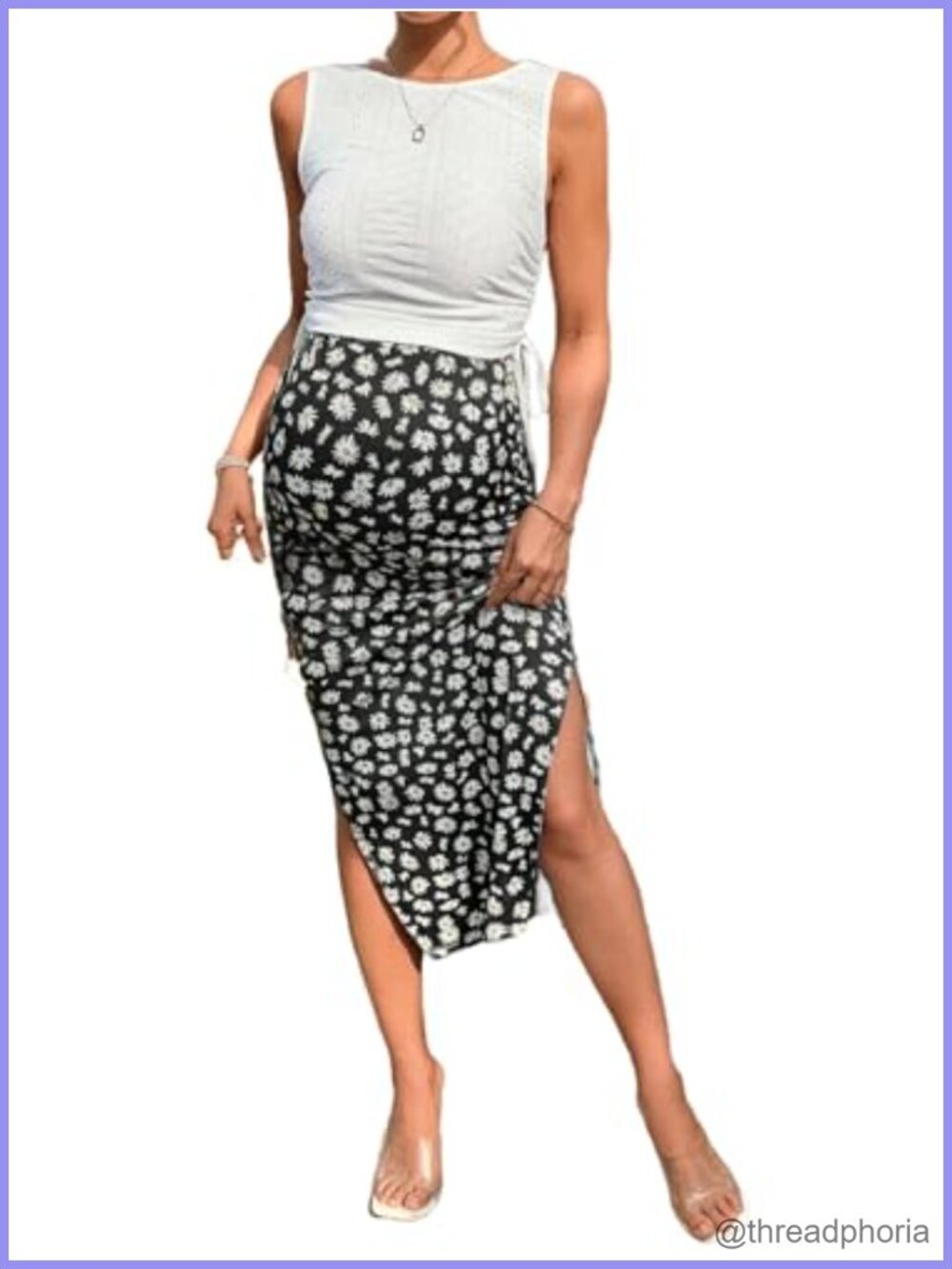 Maternity 2 Piece Set Tank Top Floral Midi Skirt Adjustable Waist Comfortable